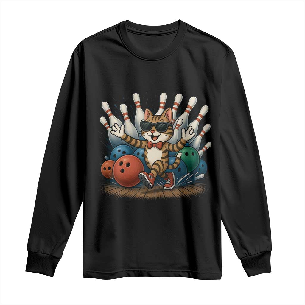 Funny Bowler Gift Long Sleeve Shirt Bowling Cat With Sunglasses TS12 Black Print Your Wear