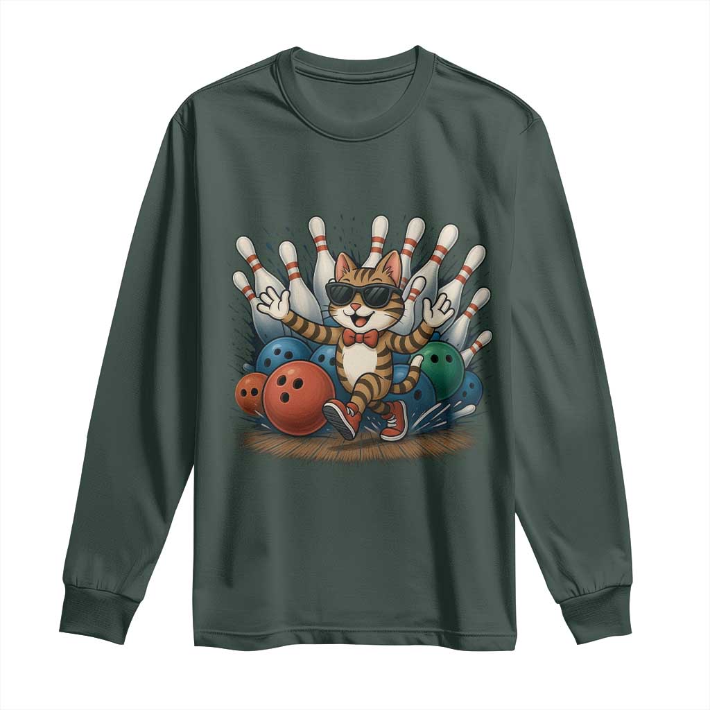 Funny Bowler Gift Long Sleeve Shirt Bowling Cat With Sunglasses TS12 Dark Forest Green Print Your Wear