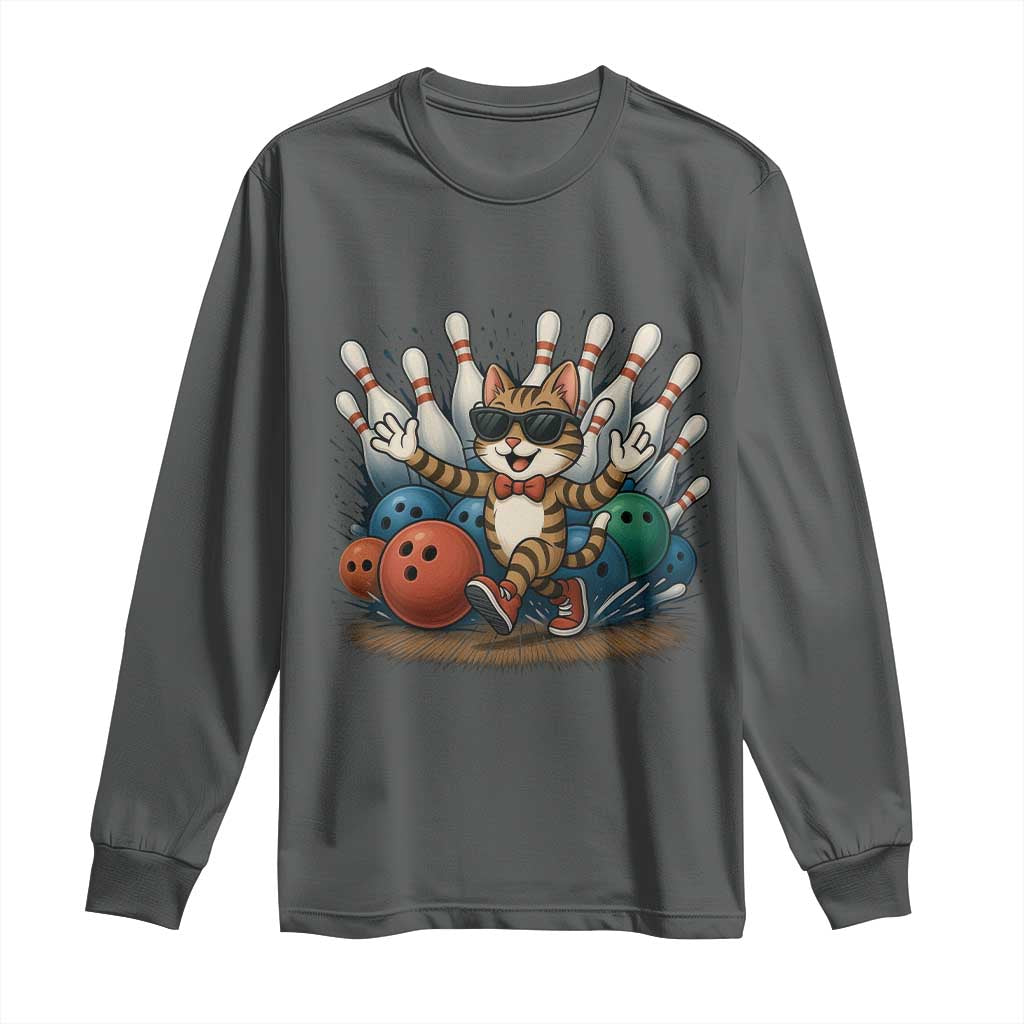 Funny Bowler Gift Long Sleeve Shirt Bowling Cat With Sunglasses TS12 Dark Heather Print Your Wear