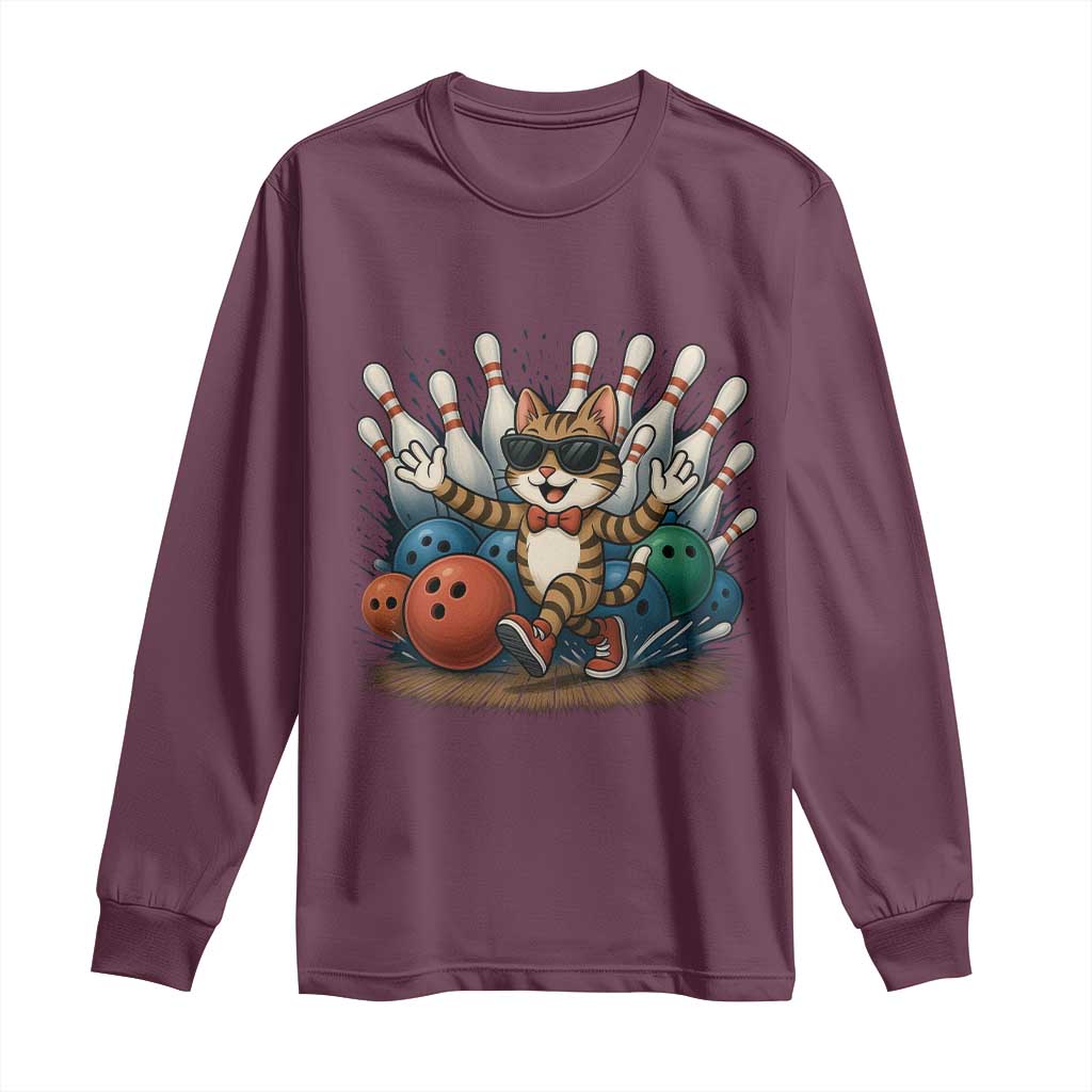Funny Bowler Gift Long Sleeve Shirt Bowling Cat With Sunglasses TS12 Maroon Print Your Wear