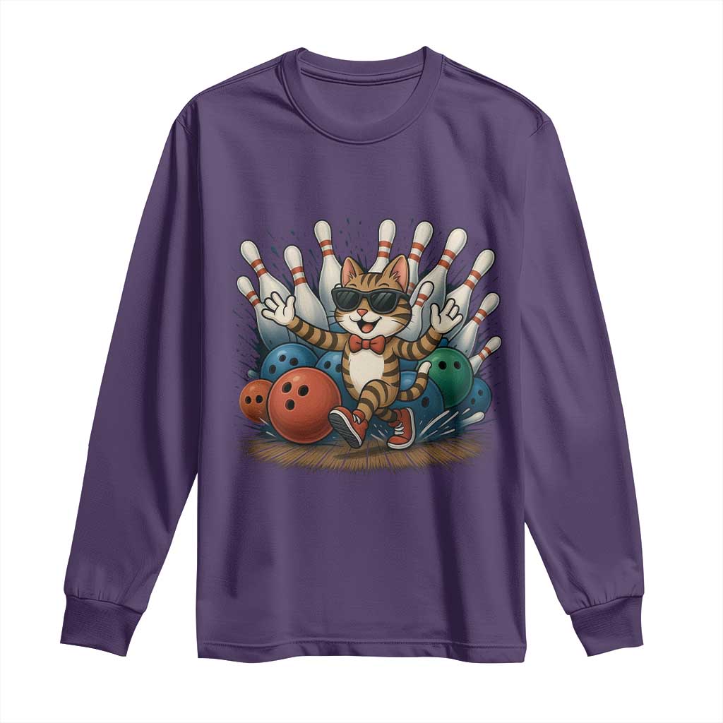 Funny Bowler Gift Long Sleeve Shirt Bowling Cat With Sunglasses TS12 Purple Print Your Wear