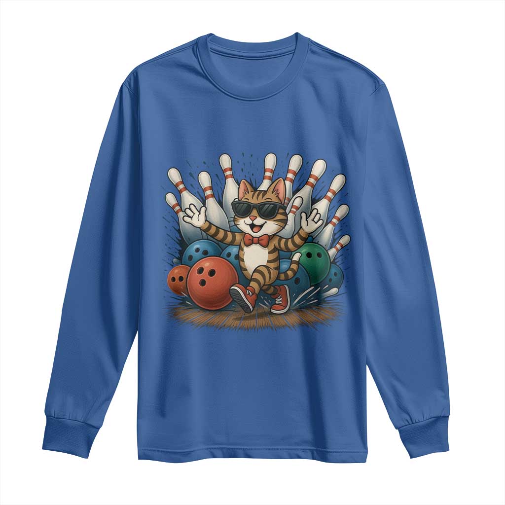 Funny Bowler Gift Long Sleeve Shirt Bowling Cat With Sunglasses TS12 Royal Blue Print Your Wear