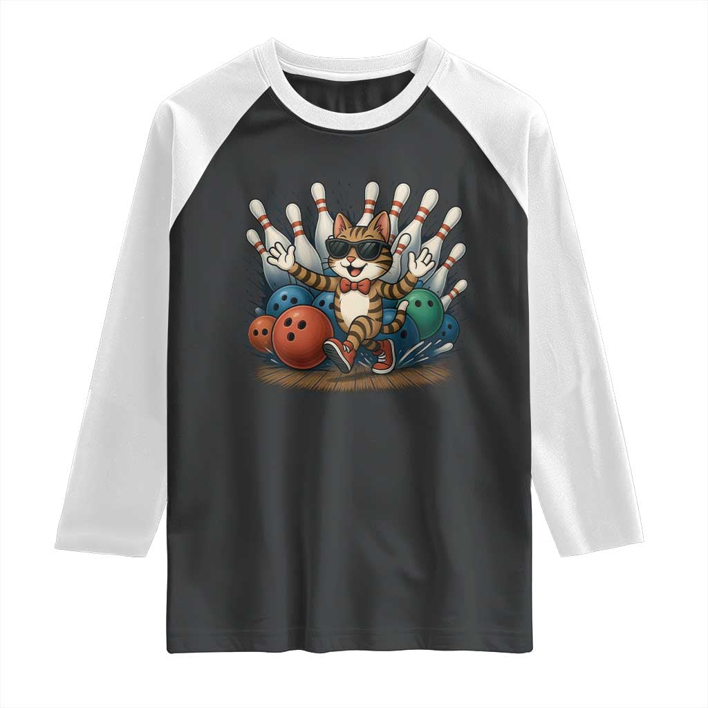 Funny Bowler Gift Raglan Shirt Bowling Cat With Sunglasses TS12 Black White Print Your Wear