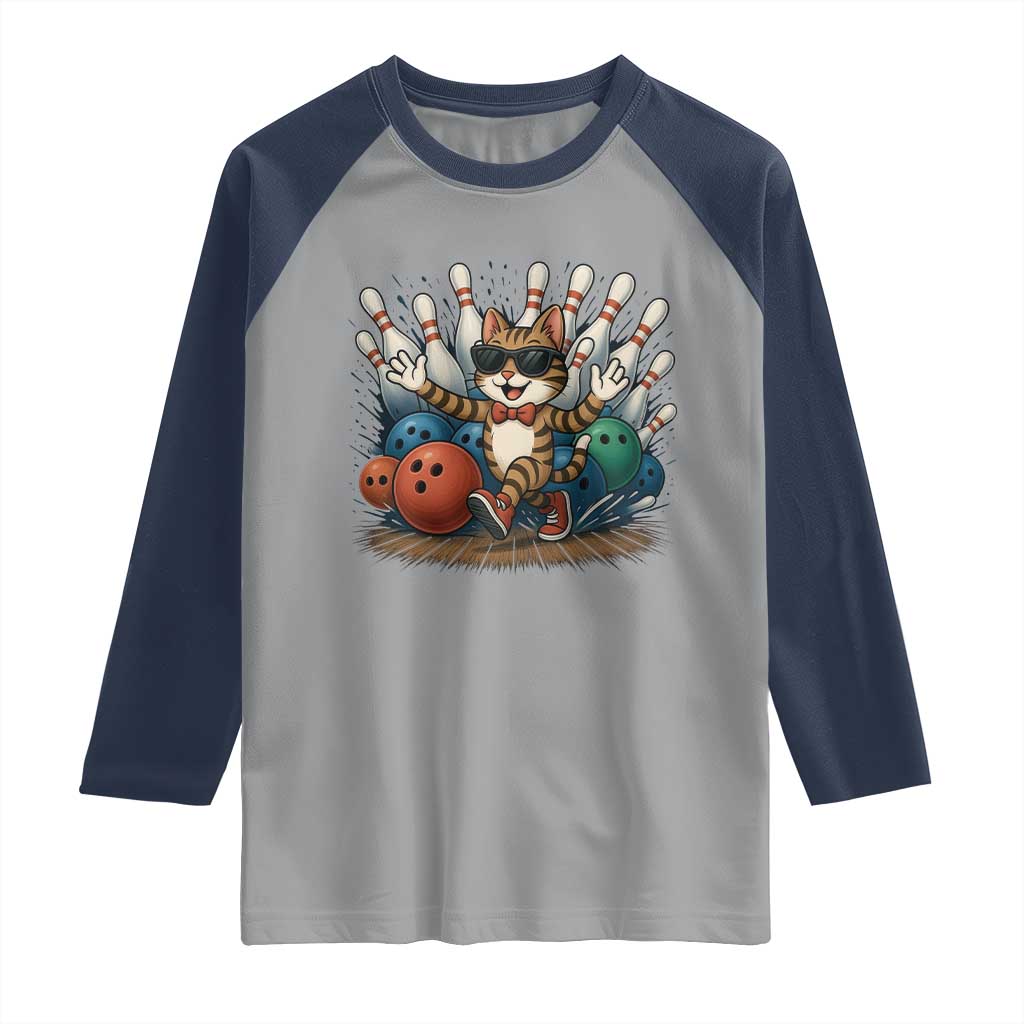 Funny Bowler Gift Raglan Shirt Bowling Cat With Sunglasses TS12 Sport Gray Navy Print Your Wear