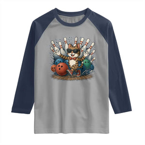 Funny Bowler Gift Raglan Shirt Bowling Cat With Sunglasses TS12 Sport Gray Navy Print Your Wear
