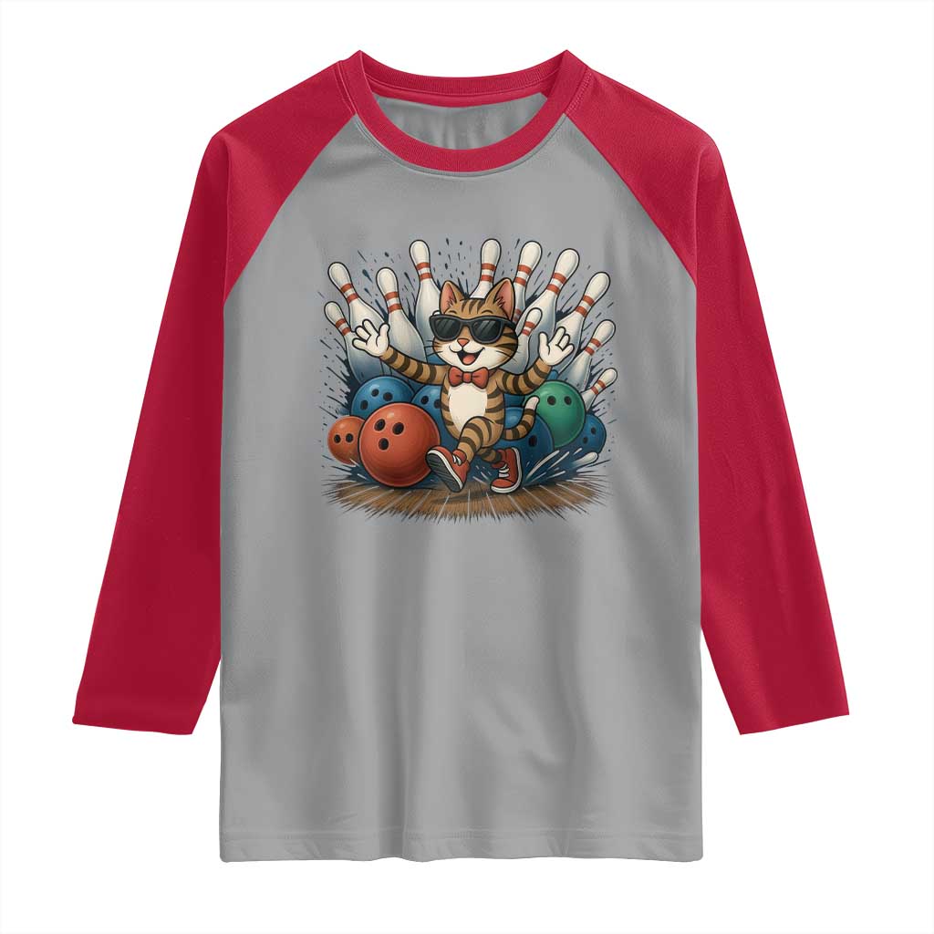 Funny Bowler Gift Raglan Shirt Bowling Cat With Sunglasses TS12 Sport Gray Red Print Your Wear