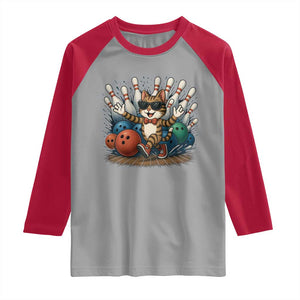 Funny Bowler Gift Raglan Shirt Bowling Cat With Sunglasses TS12 Sport Gray Red Print Your Wear