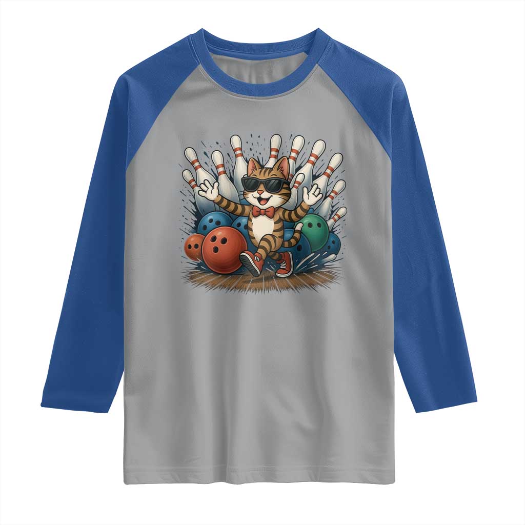 Funny Bowler Gift Raglan Shirt Bowling Cat With Sunglasses TS12 Sport Gray Royal Print Your Wear