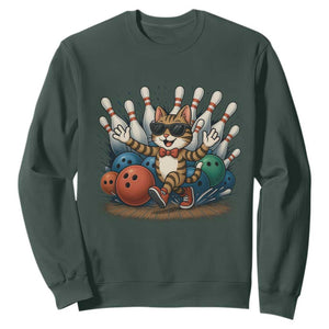 Funny Bowler Gift Sweatshirt Bowling Cat With Sunglasses TS12 Dark Forest Green Print Your Wear