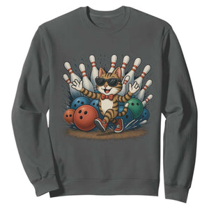 Funny Bowler Gift Sweatshirt Bowling Cat With Sunglasses TS12 Dark Heather Print Your Wear