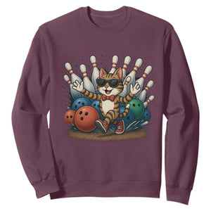 Funny Bowler Gift Sweatshirt Bowling Cat With Sunglasses TS12 Maroon Print Your Wear