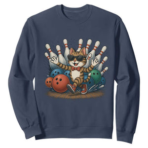 Funny Bowler Gift Sweatshirt Bowling Cat With Sunglasses TS12 Navy Print Your Wear