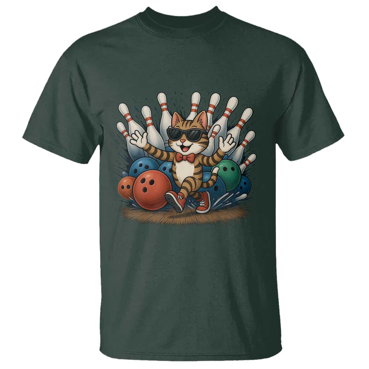 Funny Bowler Gift T Shirt Bowling Cat With Sunglasses TS12 Dark Forest Green Print Your Wear
