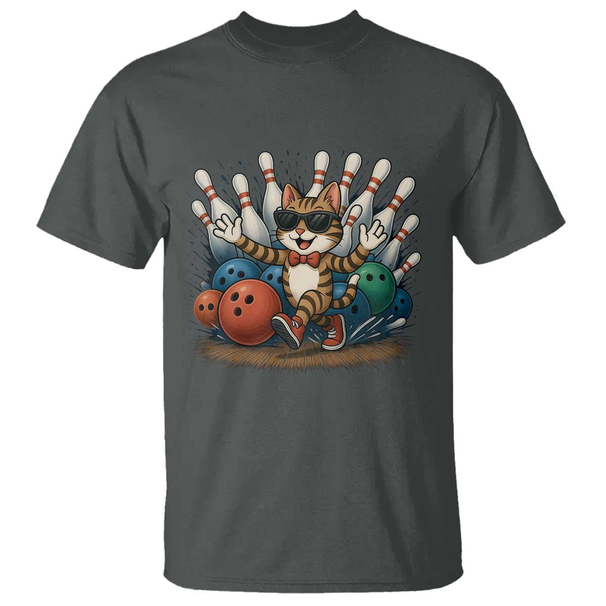 Funny Bowler Gift T Shirt Bowling Cat With Sunglasses TS12 Dark Heather Print Your Wear