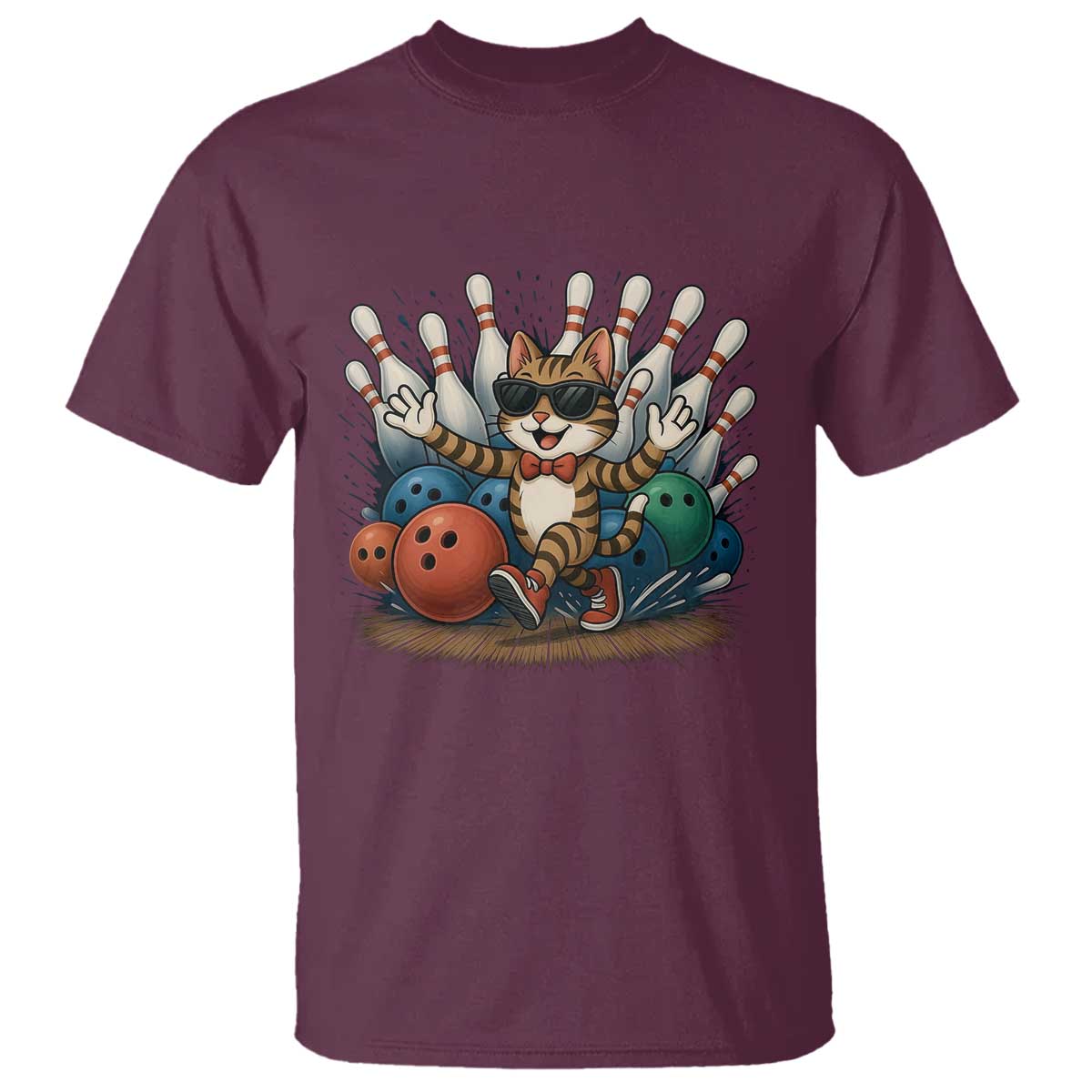 Funny Bowler Gift T Shirt Bowling Cat With Sunglasses TS12 Maroon Print Your Wear