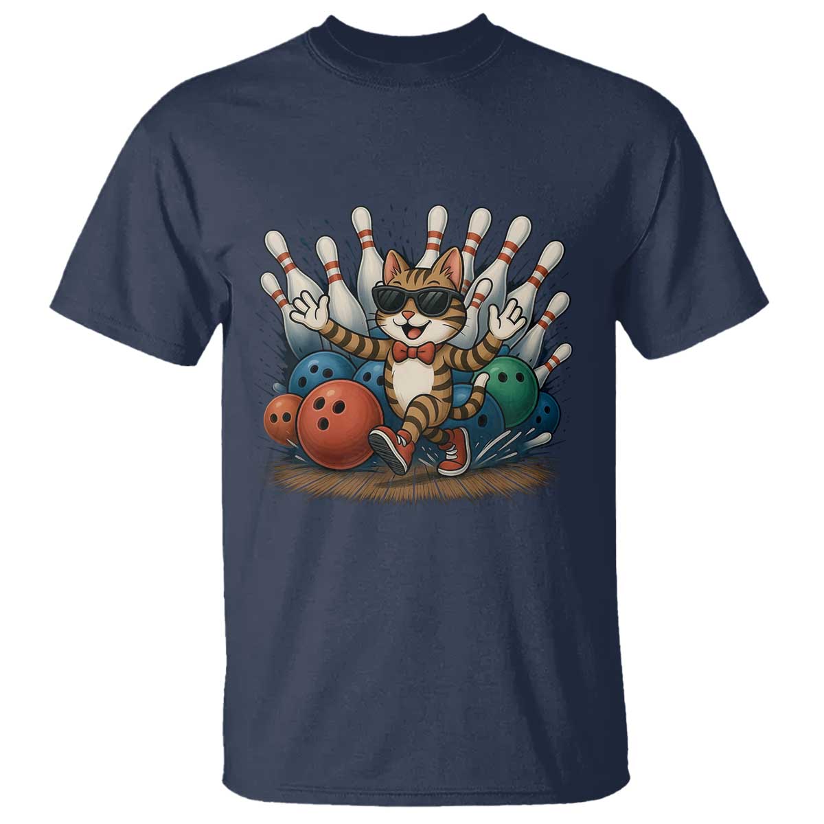Funny Bowler Gift T Shirt Bowling Cat With Sunglasses TS12 Navy Print Your Wear