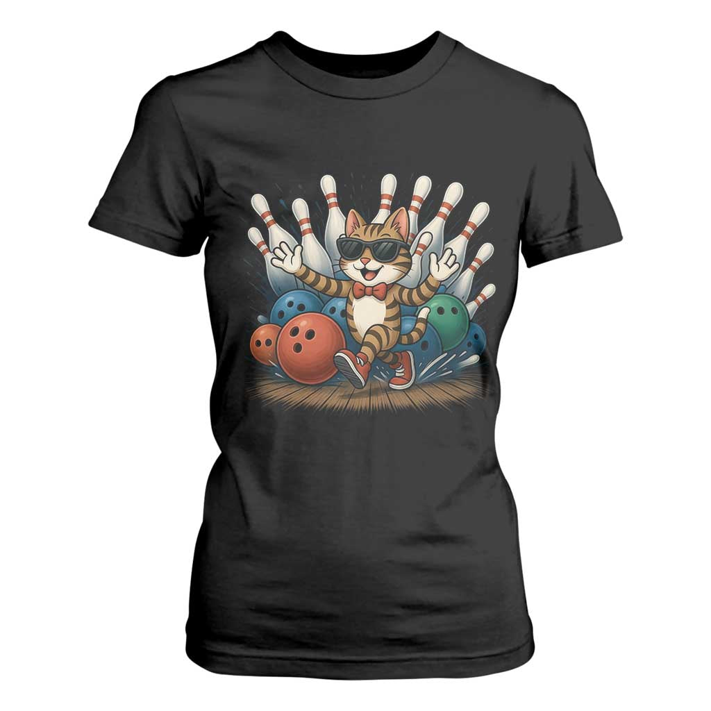 Funny Bowler Gift T Shirt For Women Bowling Cat With Sunglasses TS12 Black Print Your Wear