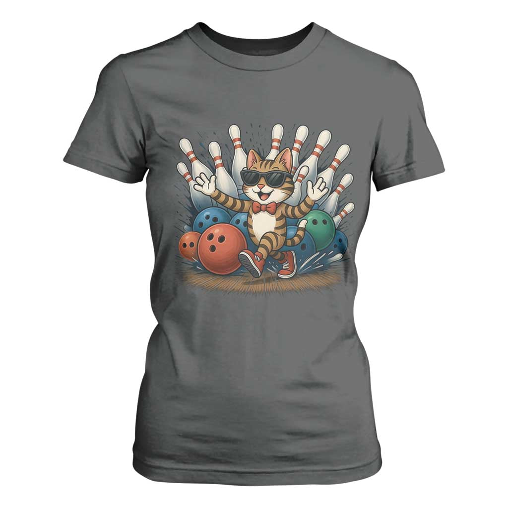 Funny Bowler Gift T Shirt For Women Bowling Cat With Sunglasses TS12 Dark Heather Print Your Wear