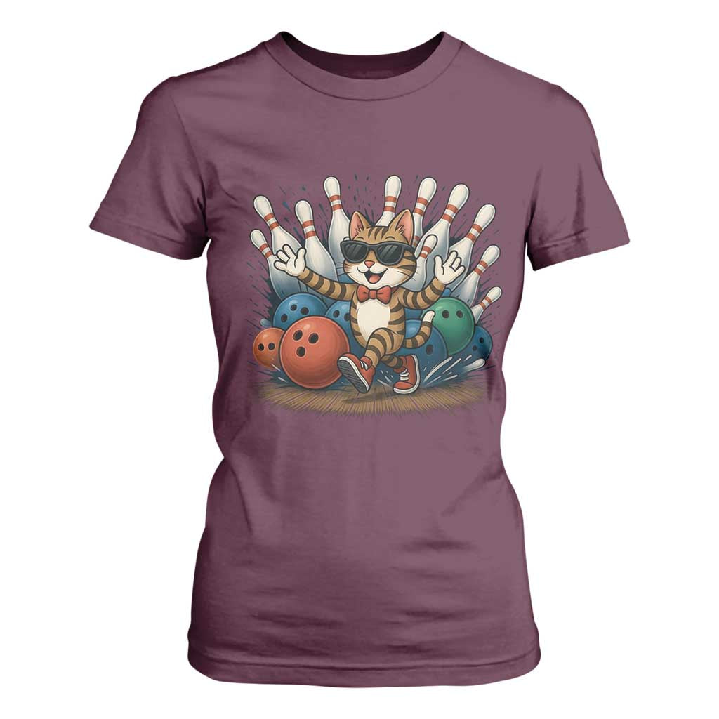 Funny Bowler Gift T Shirt For Women Bowling Cat With Sunglasses TS12 Maroon Print Your Wear
