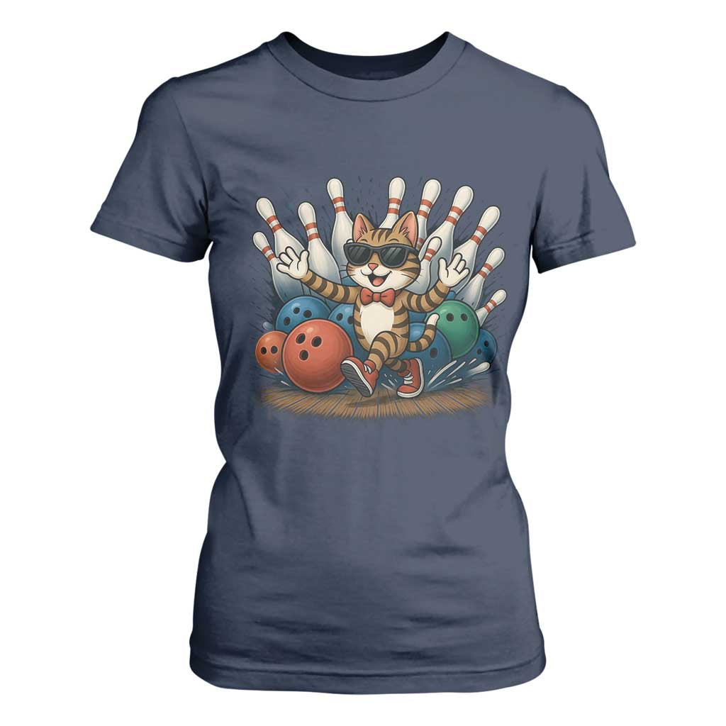 Funny Bowler Gift T Shirt For Women Bowling Cat With Sunglasses TS12 Navy Print Your Wear