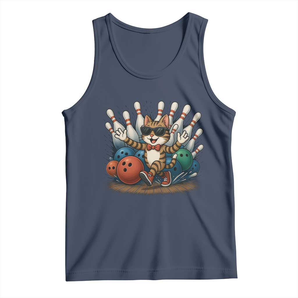 Funny Bowler Gift Tank Top Bowling Cat With Sunglasses TS12 Navy Print Your Wear
