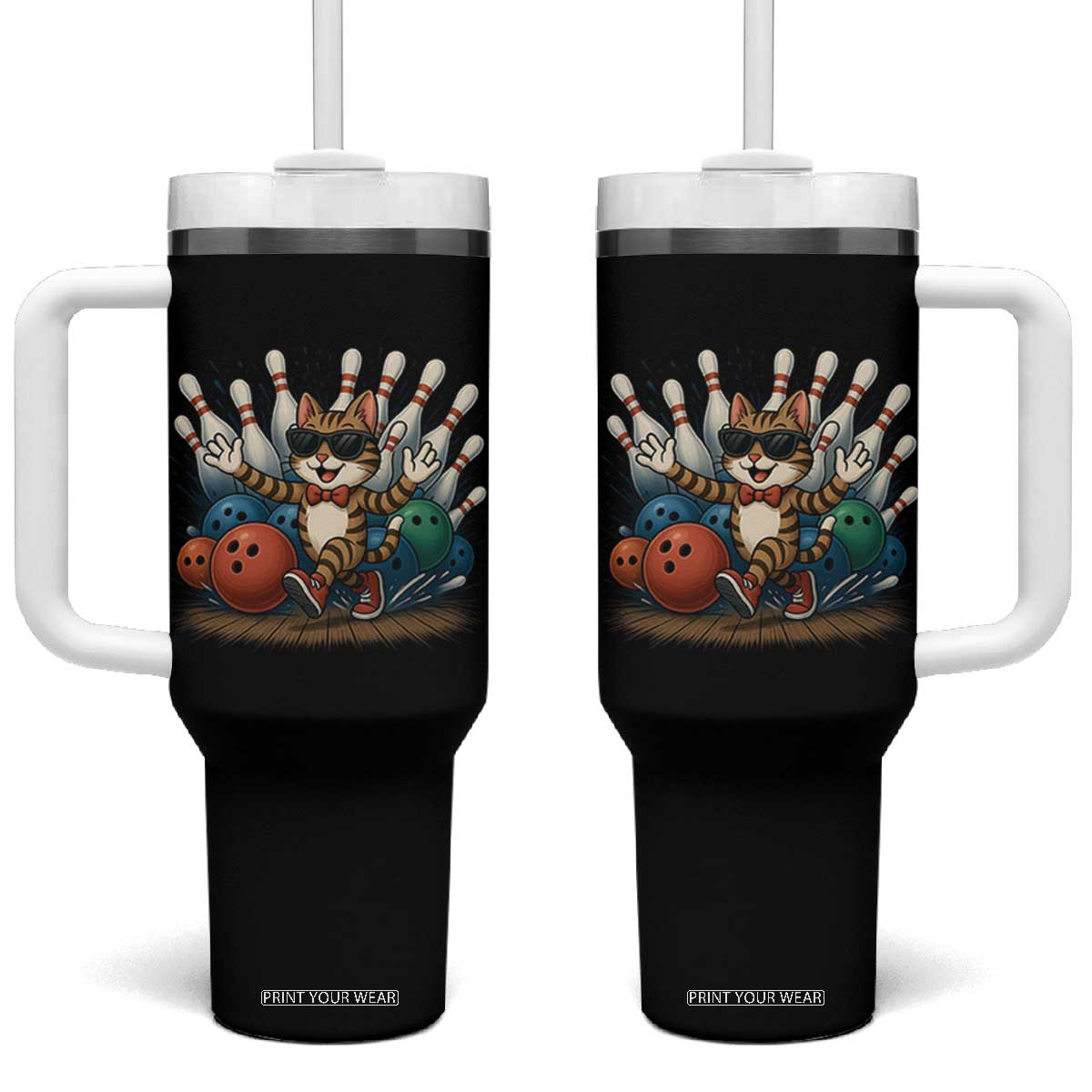 Funny Bowler Gift Tumbler With Handle Bowling Cat With Sunglasses TS12 One Size: 40 oz Black Print Your Wear