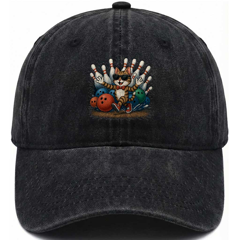 Funny Bowler Gift Washed Cotton Baseball Cap Bowling Cat With Sunglasses TS12 Print Your Wear