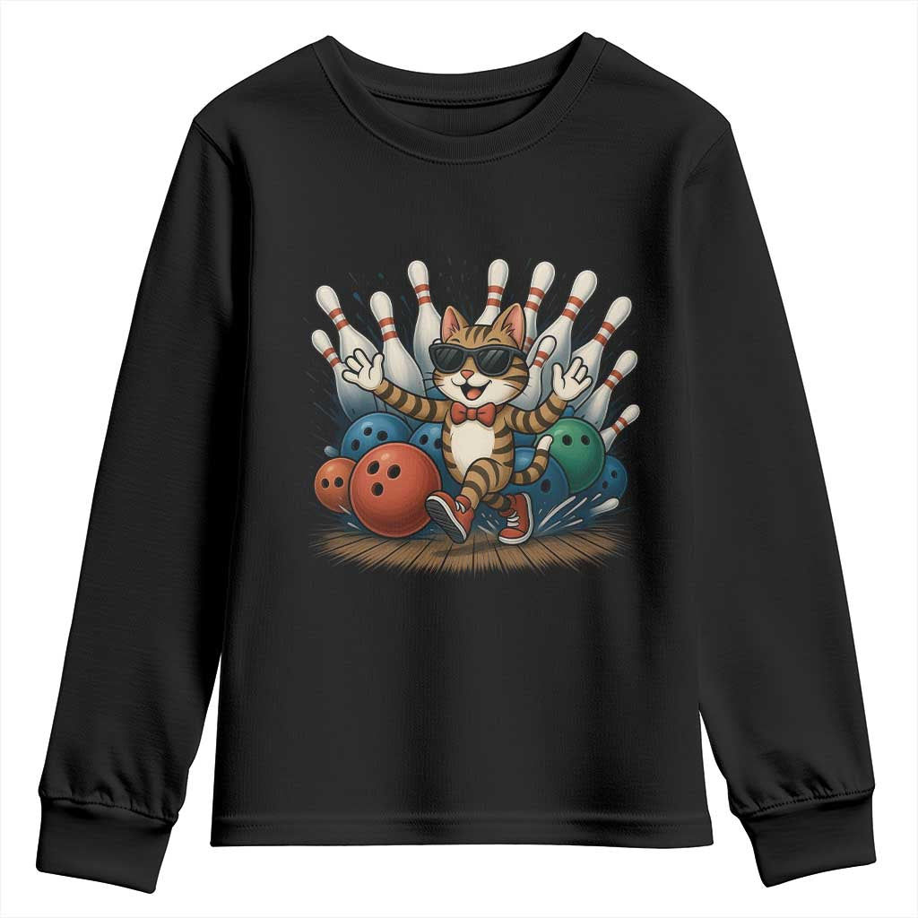 Funny Bowler Gift Youth Sweatshirt Bowling Cat With Sunglasses TS12 Black Print Your Wear