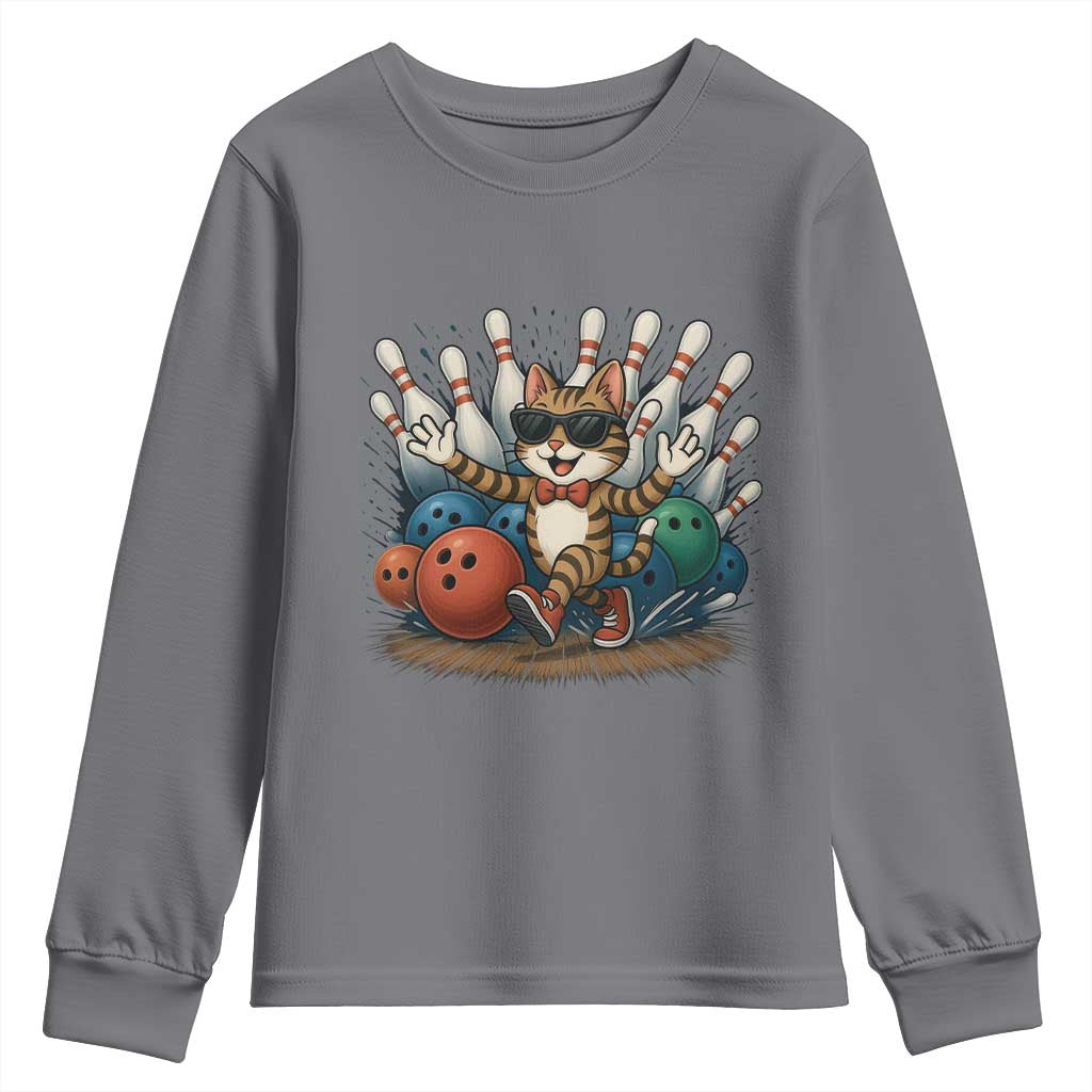 Funny Bowler Gift Youth Sweatshirt Bowling Cat With Sunglasses TS12 Charcoal Print Your Wear