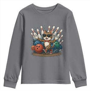 Funny Bowler Gift Youth Sweatshirt Bowling Cat With Sunglasses TS12 Charcoal Print Your Wear