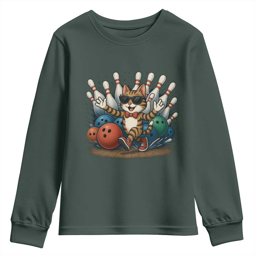 Funny Bowler Gift Youth Sweatshirt Bowling Cat With Sunglasses TS12 Dark Forest Green Print Your Wear