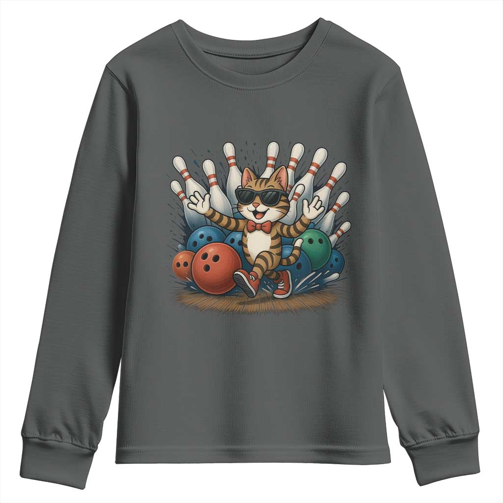 Funny Bowler Gift Youth Sweatshirt Bowling Cat With Sunglasses TS12 Dark Heather Print Your Wear