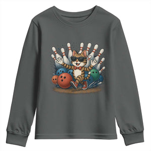 Funny Bowler Gift Youth Sweatshirt Bowling Cat With Sunglasses TS12 Dark Heather Print Your Wear