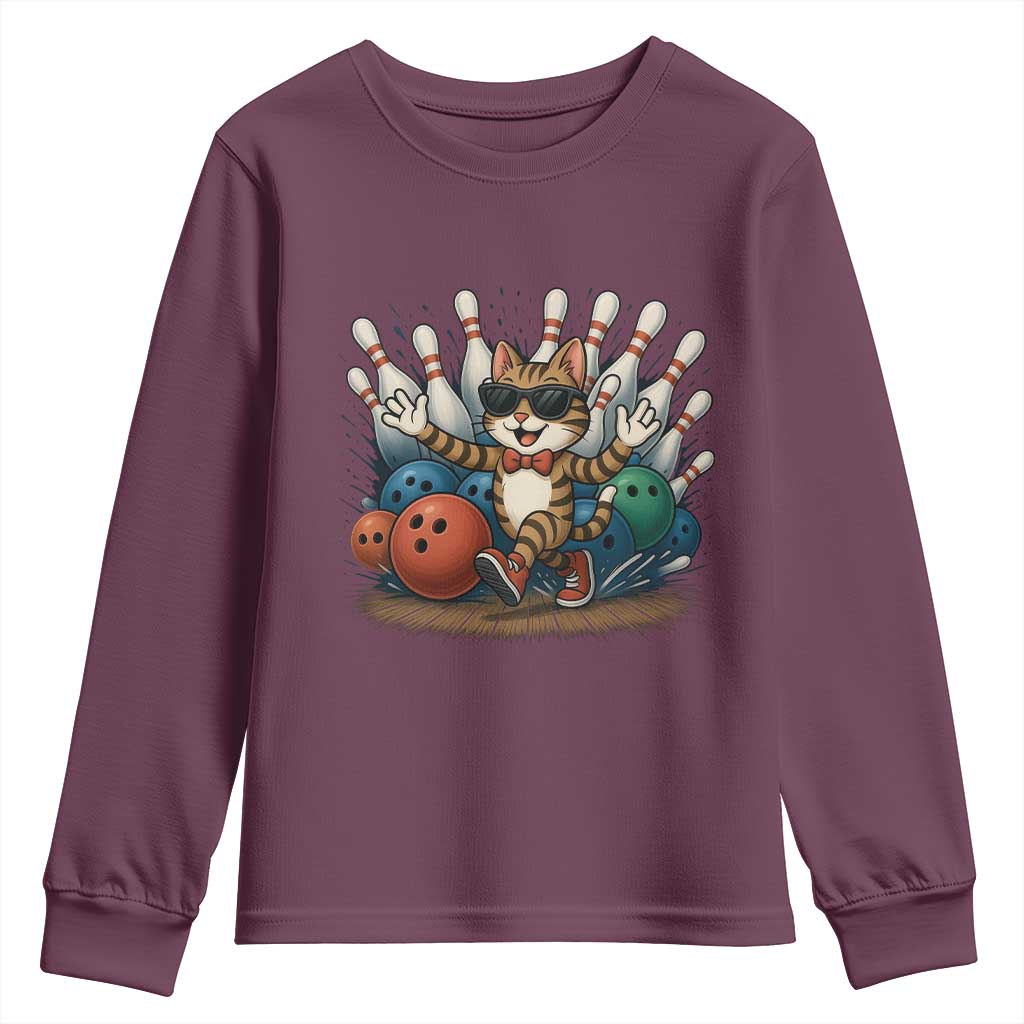 Funny Bowler Gift Youth Sweatshirt Bowling Cat With Sunglasses TS12 Maroon Print Your Wear