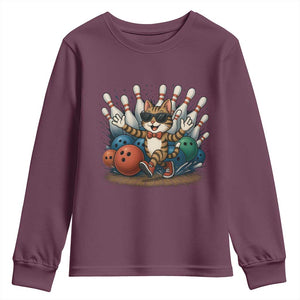 Funny Bowler Gift Youth Sweatshirt Bowling Cat With Sunglasses TS12 Maroon Print Your Wear