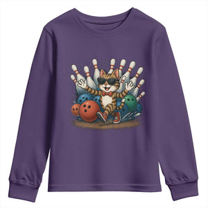 Funny Bowler Gift Youth Sweatshirt Bowling Cat With Sunglasses TS12 Purple Print Your Wear