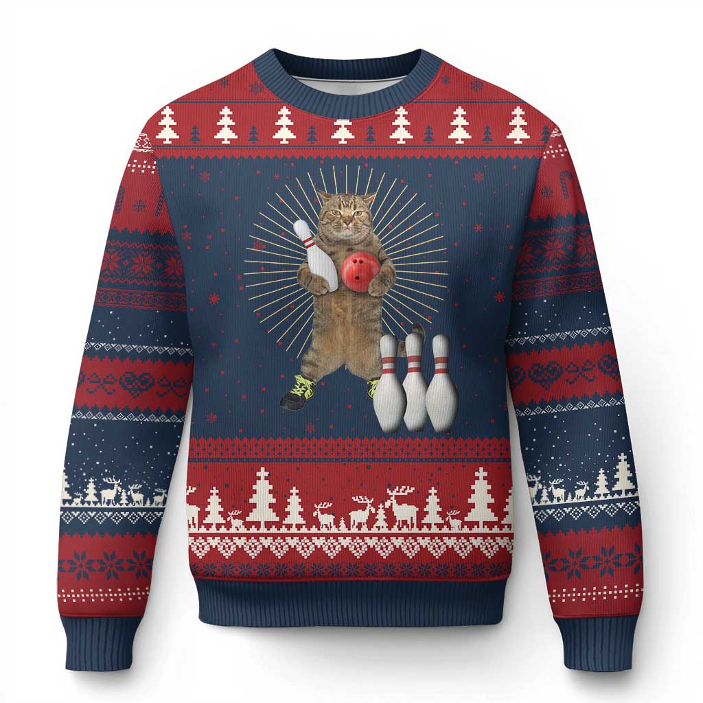 Funny Cat Bowling Meme Ugly Christmas Sweater Gift For Bowlers TS12 Navy Red Print Your Wear