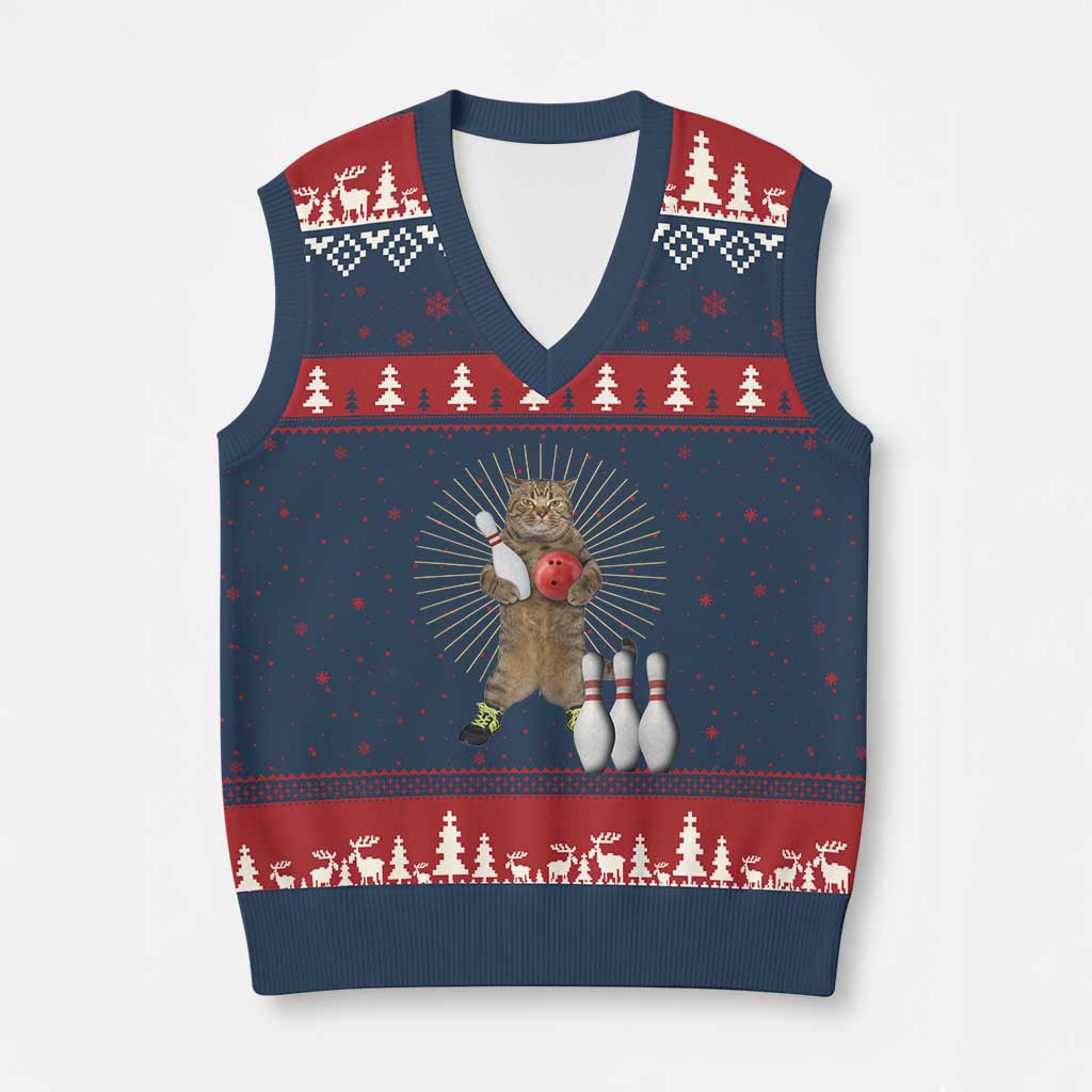 Funny Cat Bowling Meme V-Neck Knit Sweater Vest Gift For Bowlers TS12 Navy Red Print Your Wear
