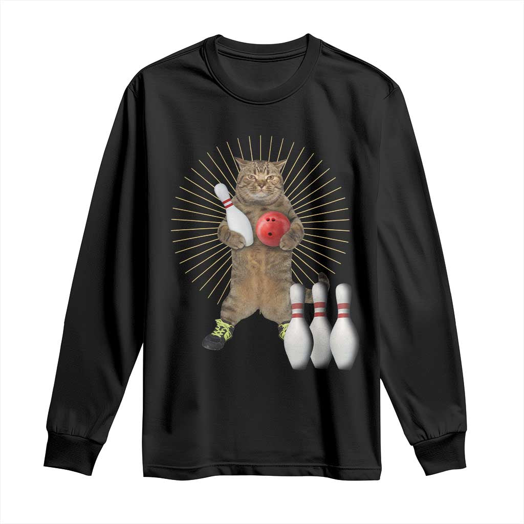 Funny Cat Bowling Meme Long Sleeve Shirt Gift For Bowlers TS12 Black Print Your Wear