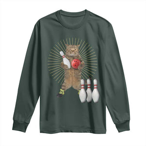 Funny Cat Bowling Meme Long Sleeve Shirt Gift For Bowlers TS12 Dark Forest Green Print Your Wear
