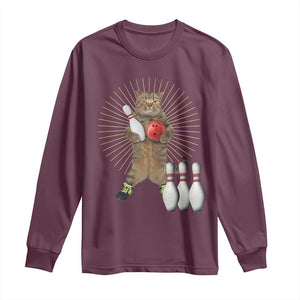 Funny Cat Bowling Meme Long Sleeve Shirt Gift For Bowlers TS12 Maroon Print Your Wear
