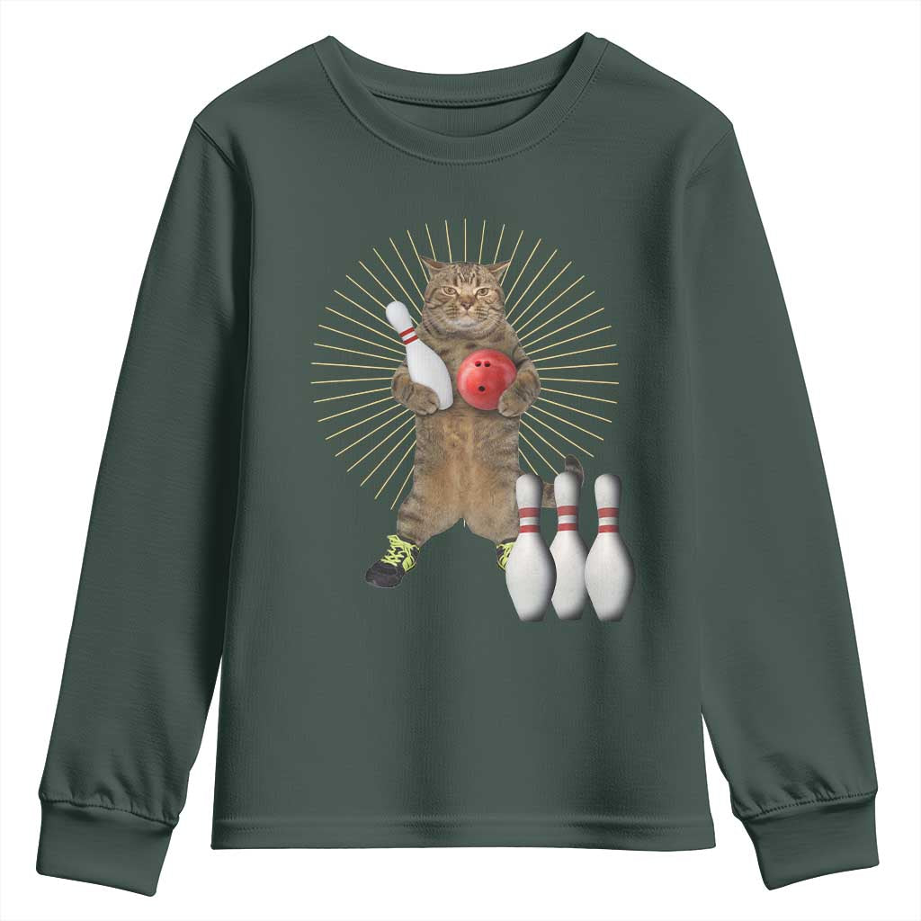 Funny Cat Bowling Meme Youth Sweatshirt Gift For Bowlers TS12 Dark Forest Green Print Your Wear