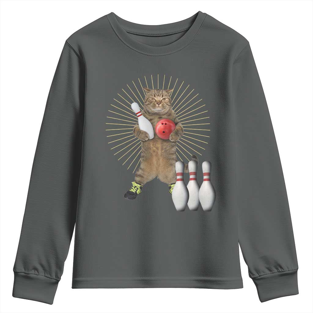 Funny Cat Bowling Meme Youth Sweatshirt Gift For Bowlers TS12 Dark Heather Print Your Wear