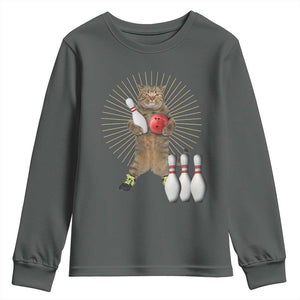 Funny Cat Bowling Meme Youth Sweatshirt Gift For Bowlers TS12 Dark Heather Print Your Wear