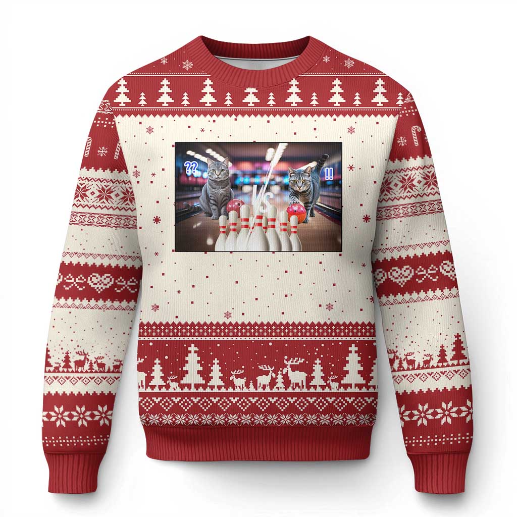 Funny Cats Bowling Battle Ugly Christmas Sweater Gift For Cat Lovers TS12 Beige Red Print Your Wear