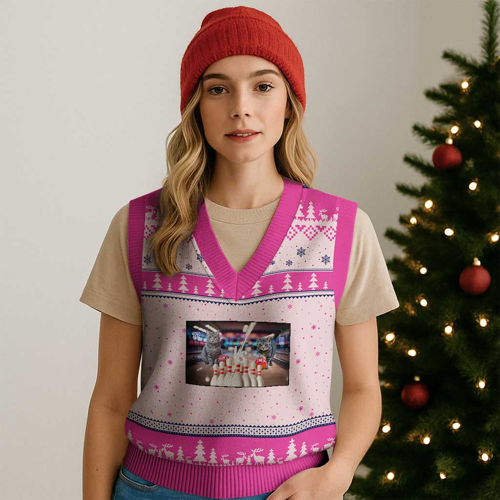 Funny Cats Bowling Battle V-Neck Knit Sweater Vest Gift For Cat Lovers TS12 Hot Pink Print Your Wear