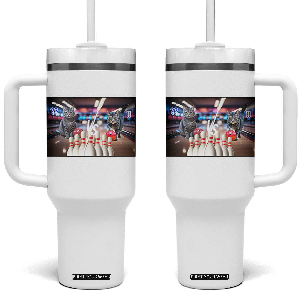 Funny Cats Bowling Battle Tumbler With Handle Gift For Cat Lovers TS12 One Size: 40 oz White Print Your Wear