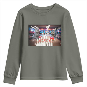 Funny Cats Bowling Battle Youth Sweatshirt Gift For Cat Lovers TS12 Military Green Print Your Wear