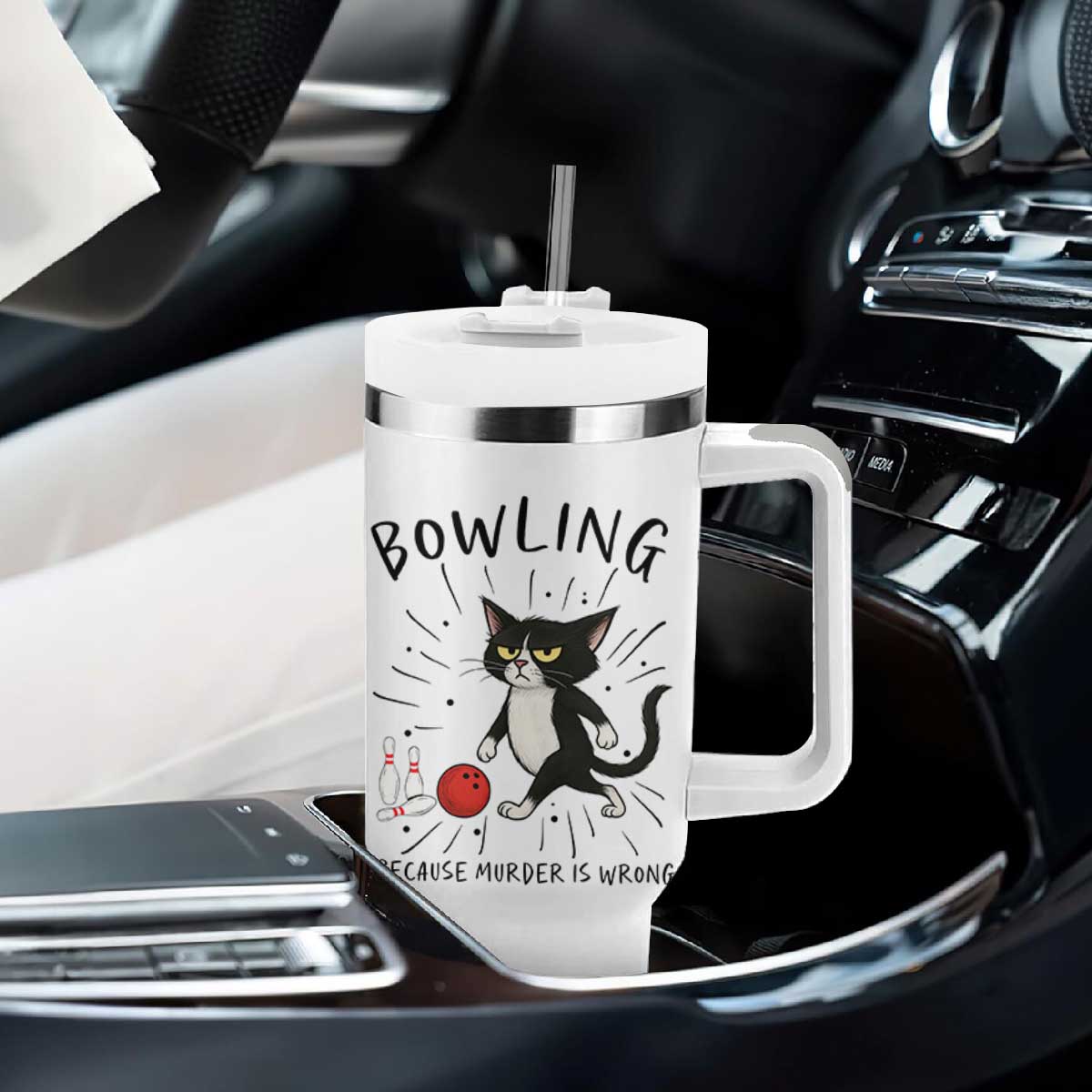 Bowling Because Murder Is Wrong Tumbler With Handle Funny Cat Lovers Gift TS12 Print Your Wear