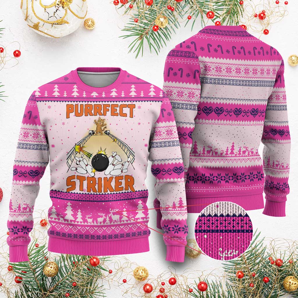Funny Cat Bowling Gift Ugly Christmas Sweater Purrfect Striker TS12 Hot Pink Print Your Wear
